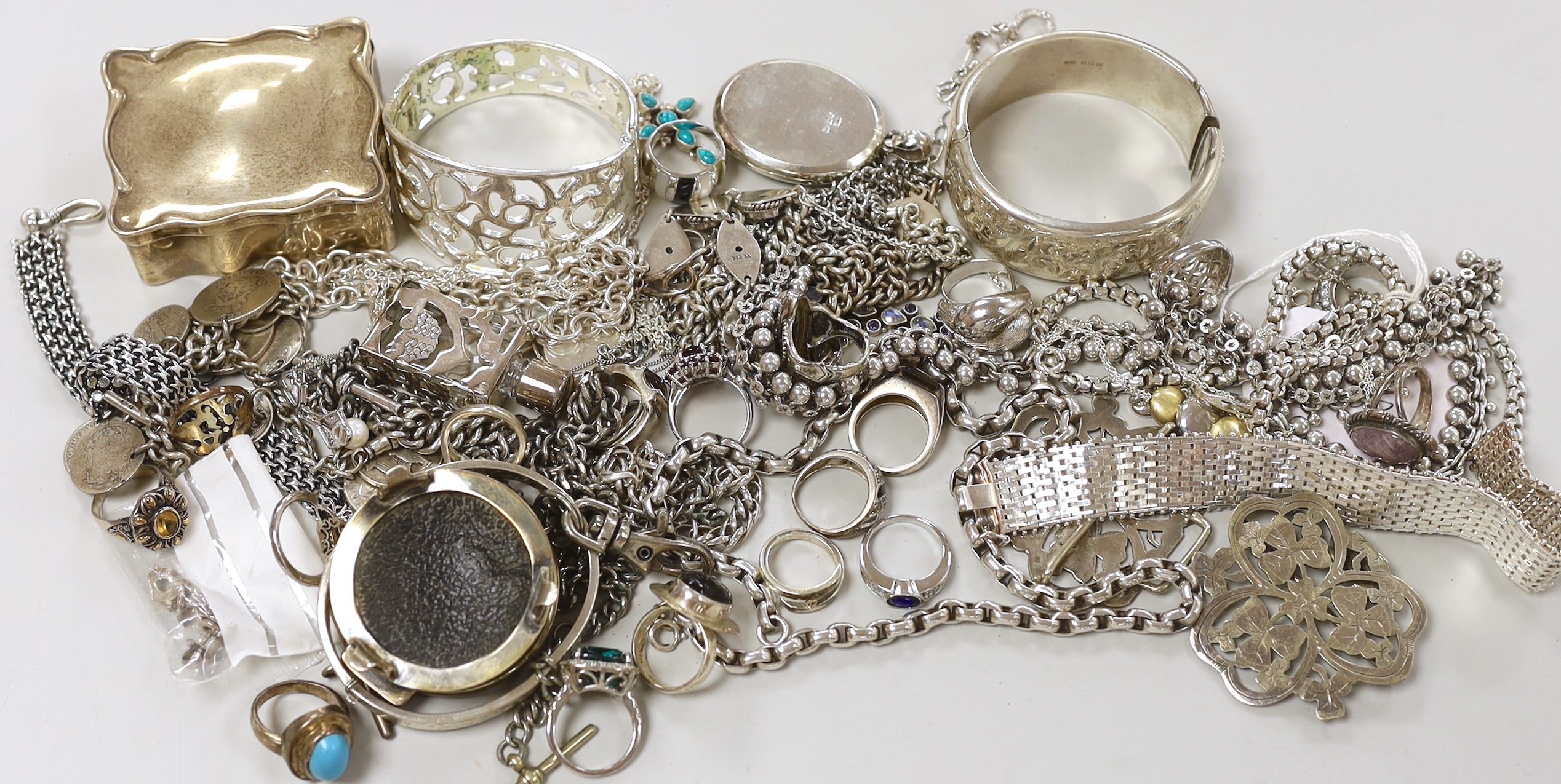 A mixed group of assorted silver and other jewellery, including albert, chains, bracelets, silver mounted ring box, etc.